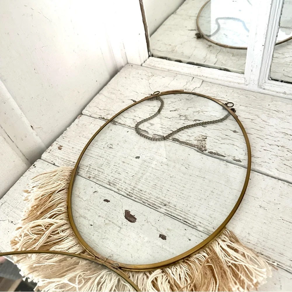 Vintage Style Brass Look Frame Oval Fringe Bottom Clear Glass Photo Picture Boho